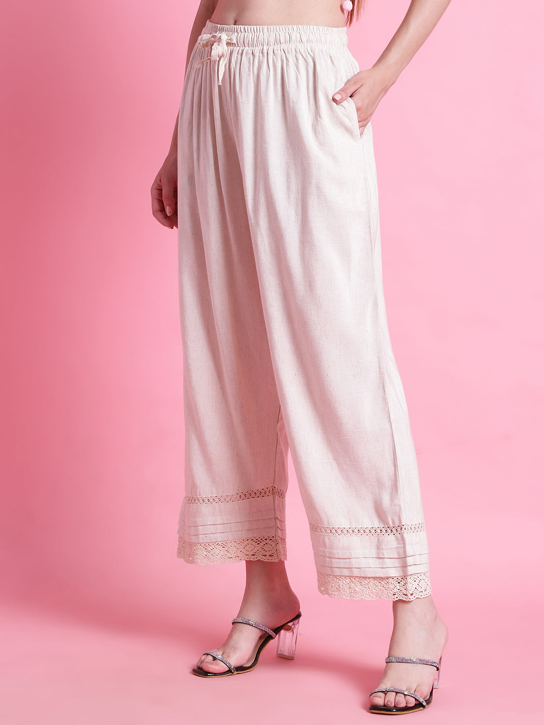 Cream Crotchet Lace Pintex Hem Design Cotton Flax Palazzo