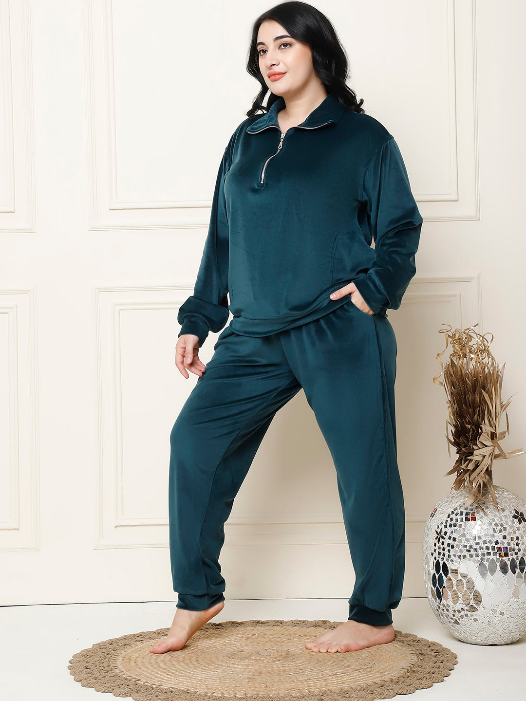 Bottle Green Velvet Zip Lounge Set