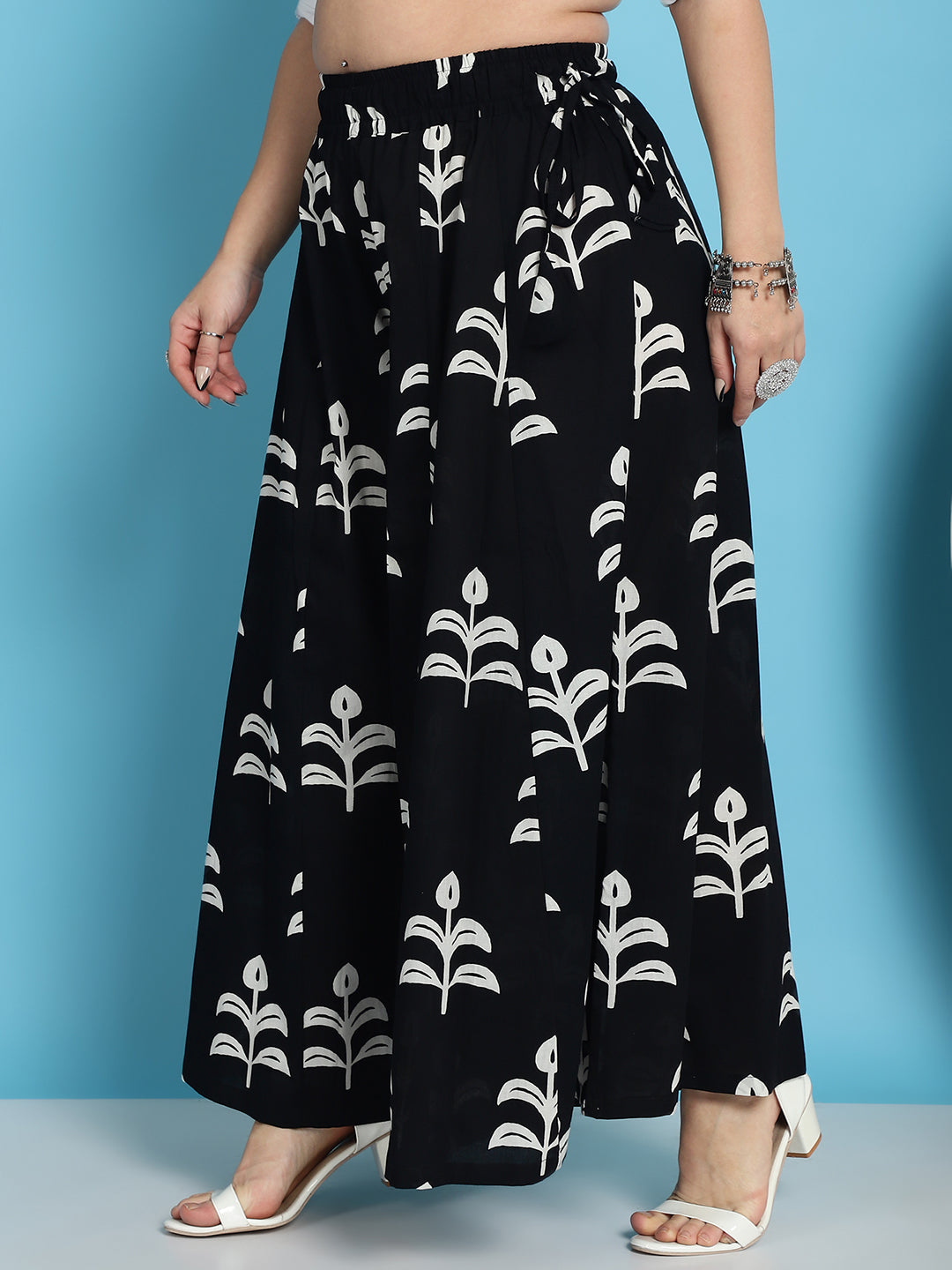 Black Block Print Cotton Flared Kali Palazzo
