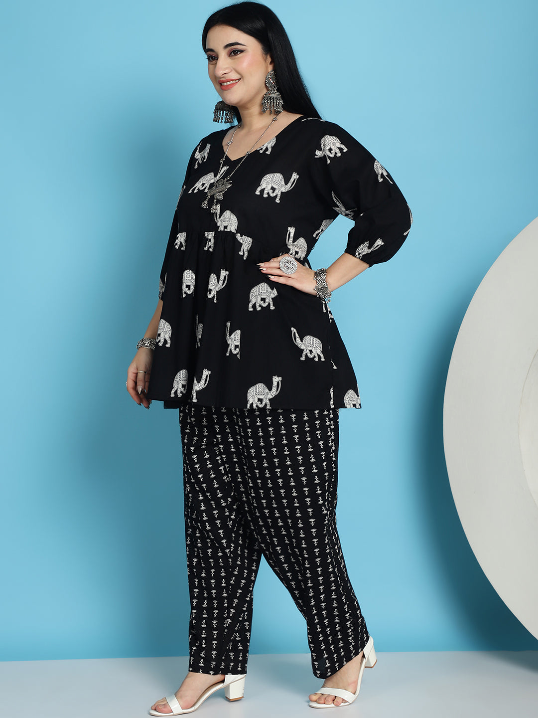 Plus Size Black Camel Print Cotton Peplum With Pant Set