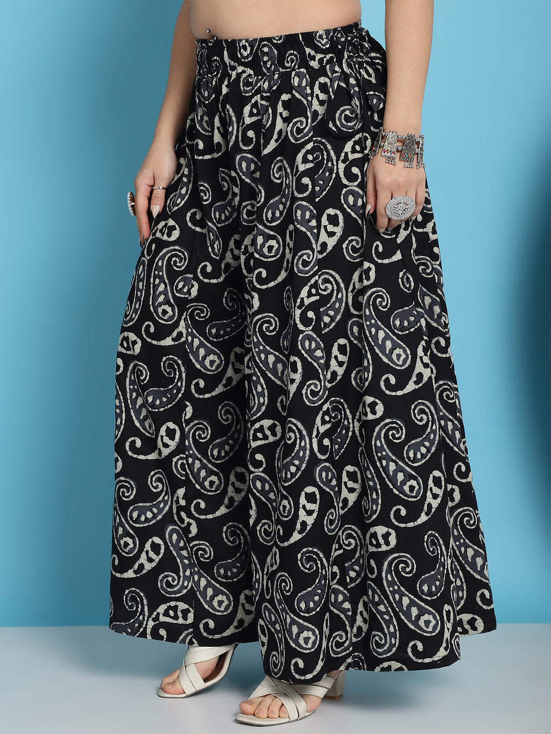 Black Paisley Printed Cotton Flared Kali Palazzo