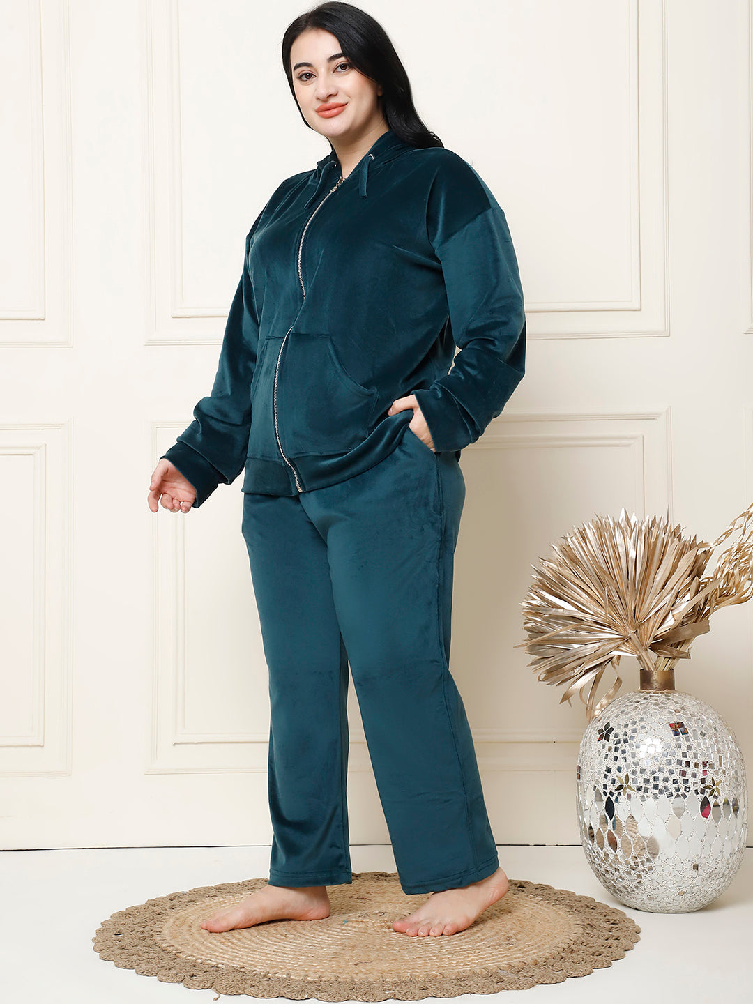 Bottle Green Velvet Hoodie Lounge Set