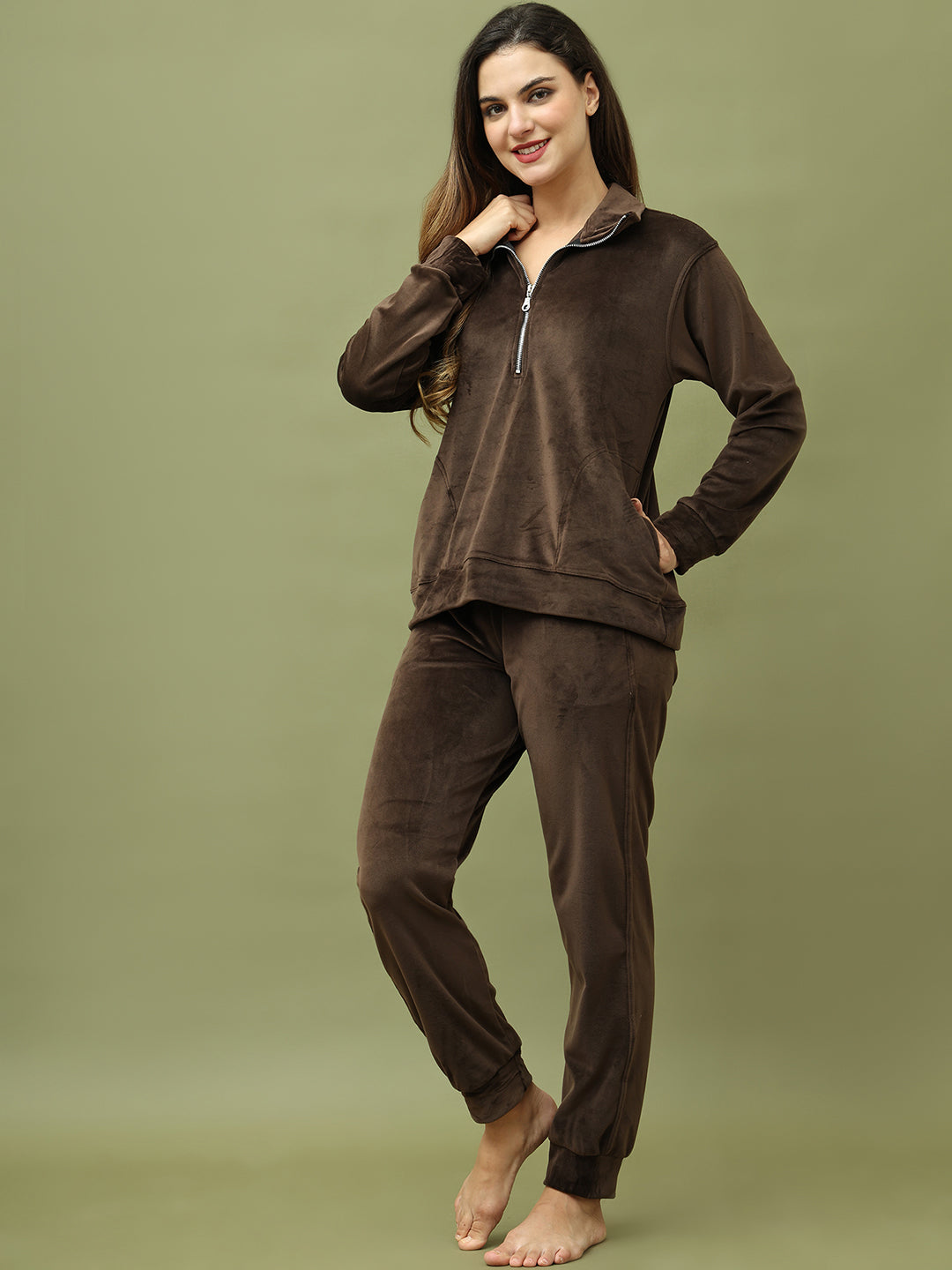Brown Velvet Zip Lounge Set