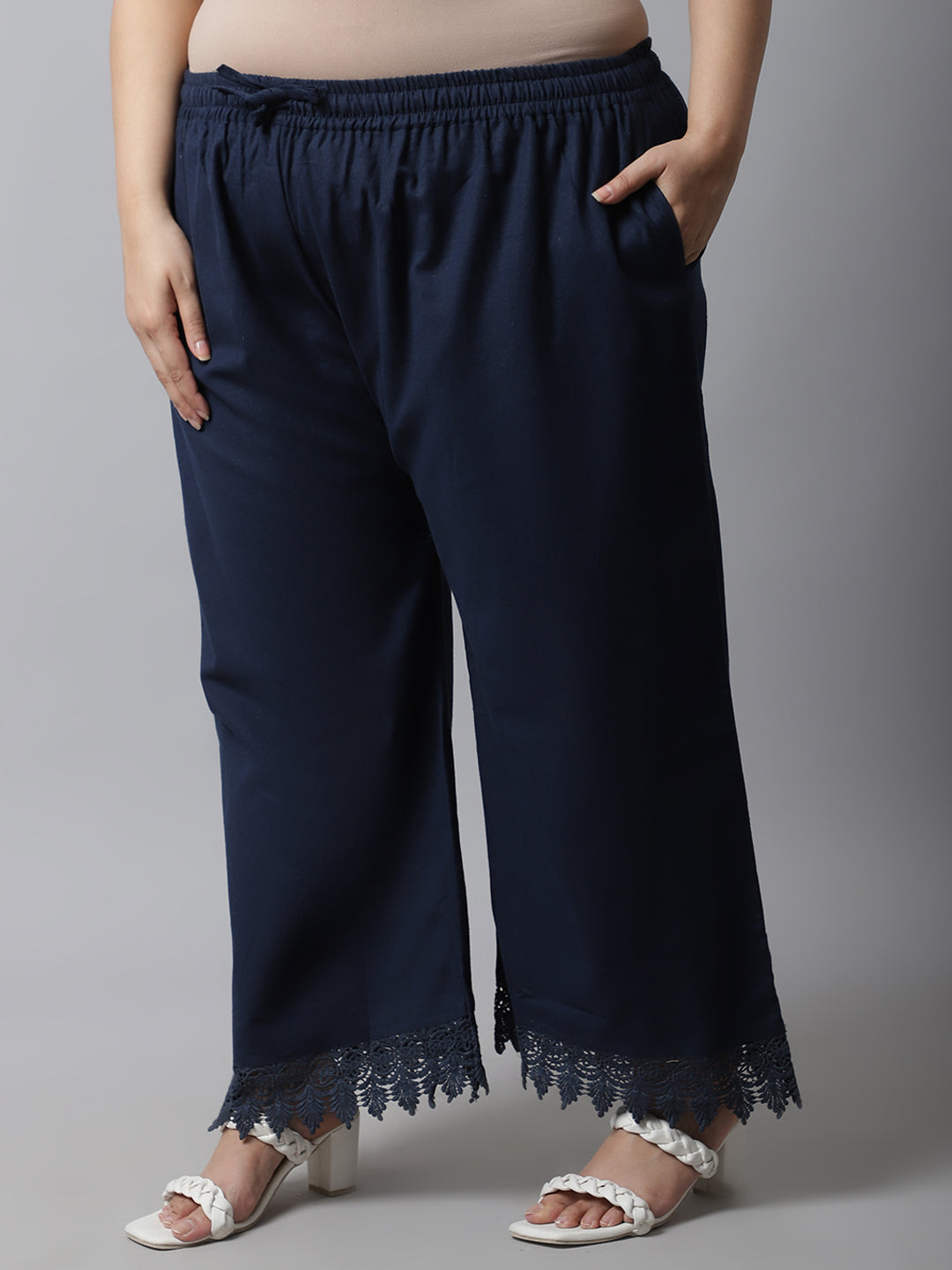 Navy Blue Crotchet Lace Cotton Flax Plus Palazzo