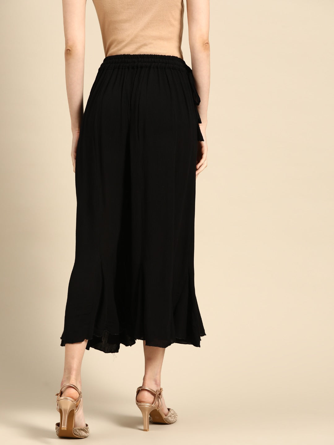 Black rayon crushed flared palazzo