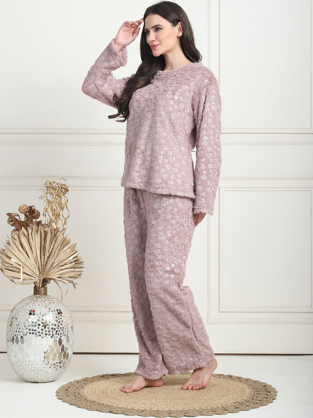 Rose Gold Foil Print Fur Lounge Set