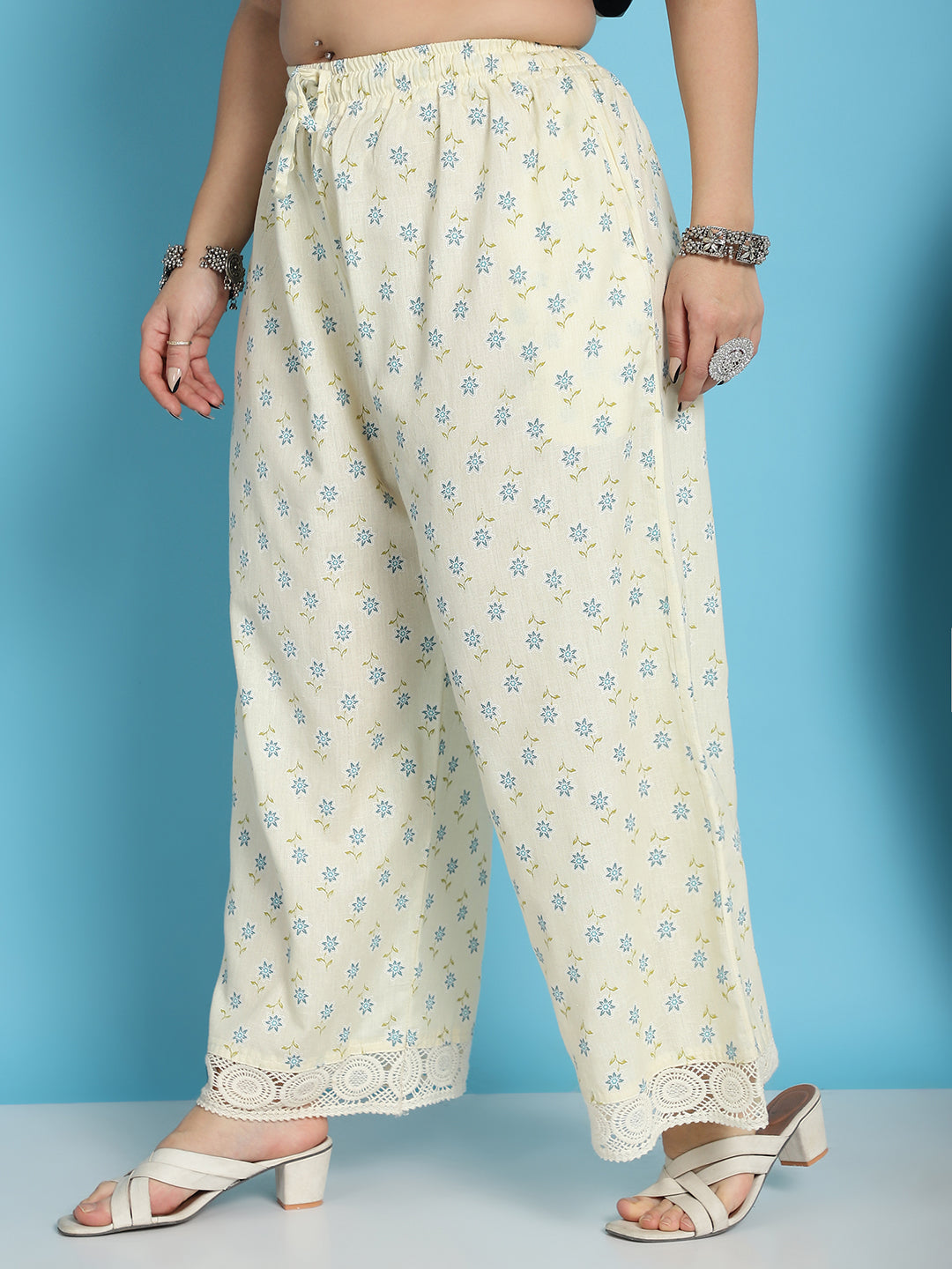 White Blue Booti Cotton Flax Crotchet Lace Palazzo