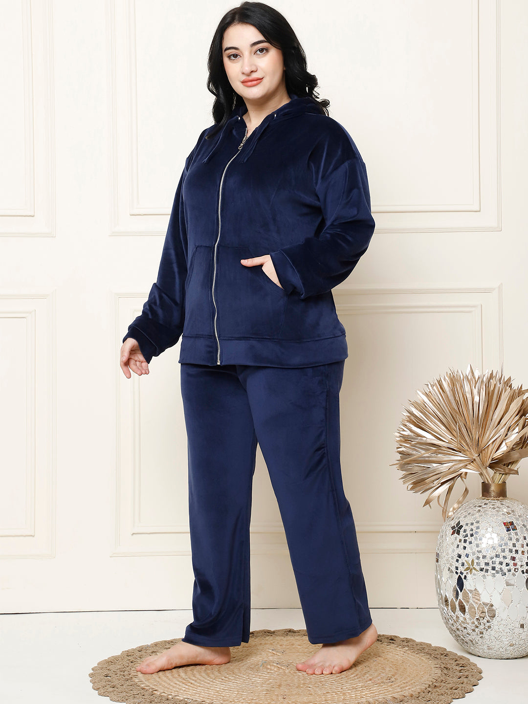 Navy Blue Velvet Hoodie Lounge Set