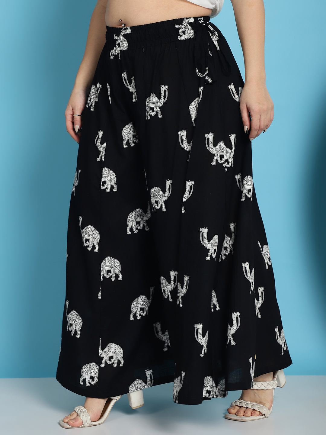Black Camel Print Cotton Flared Kali Palazzo