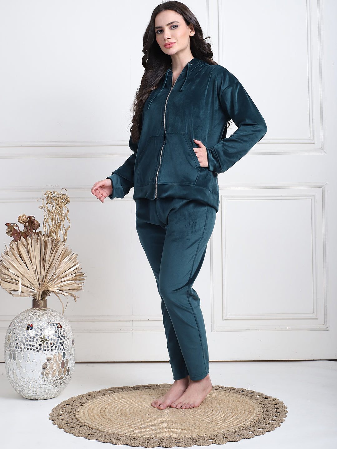 Bottle Green Velvet Hoodie Lounge Set
