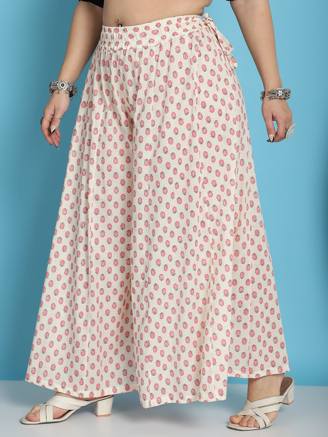 White Cotton Floral Print Flared Kali Palazzo
