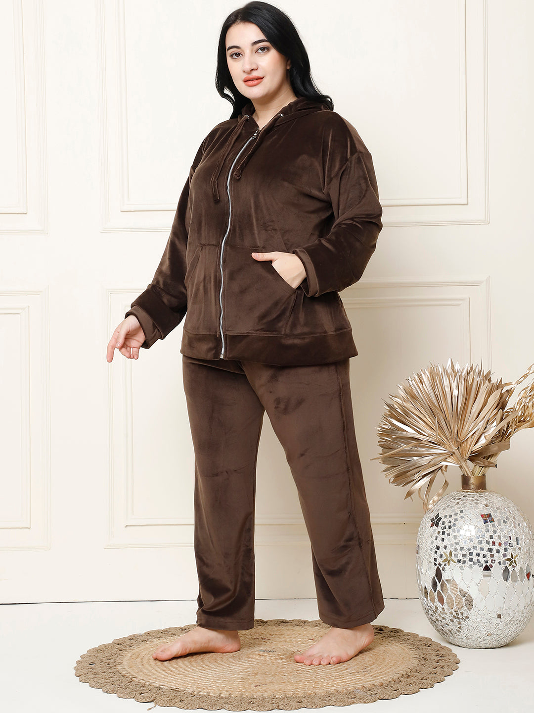 Brown Velvet Hoodie Lounge Set