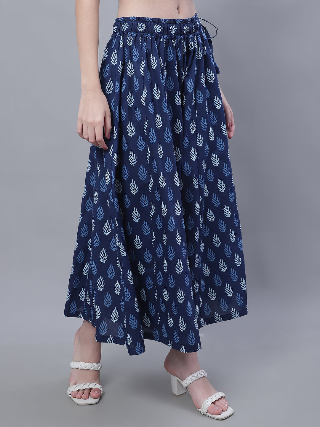 Indigo Blue Leaf Cotton Print Flared Palazzo