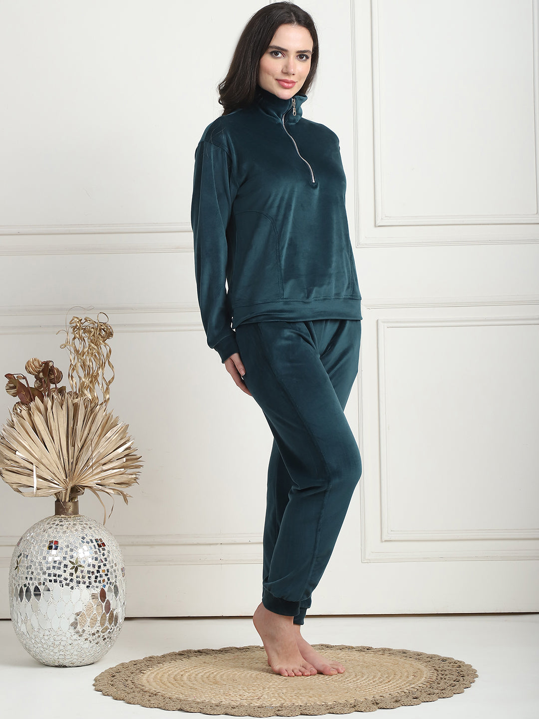 Bottle Green Velvet Zip Lounge Set