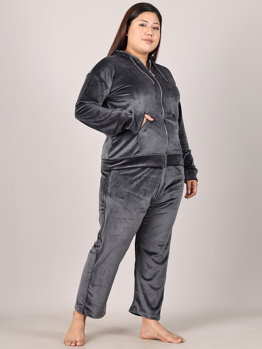 Dark Grey Velvet Hoodie Lounge Set
