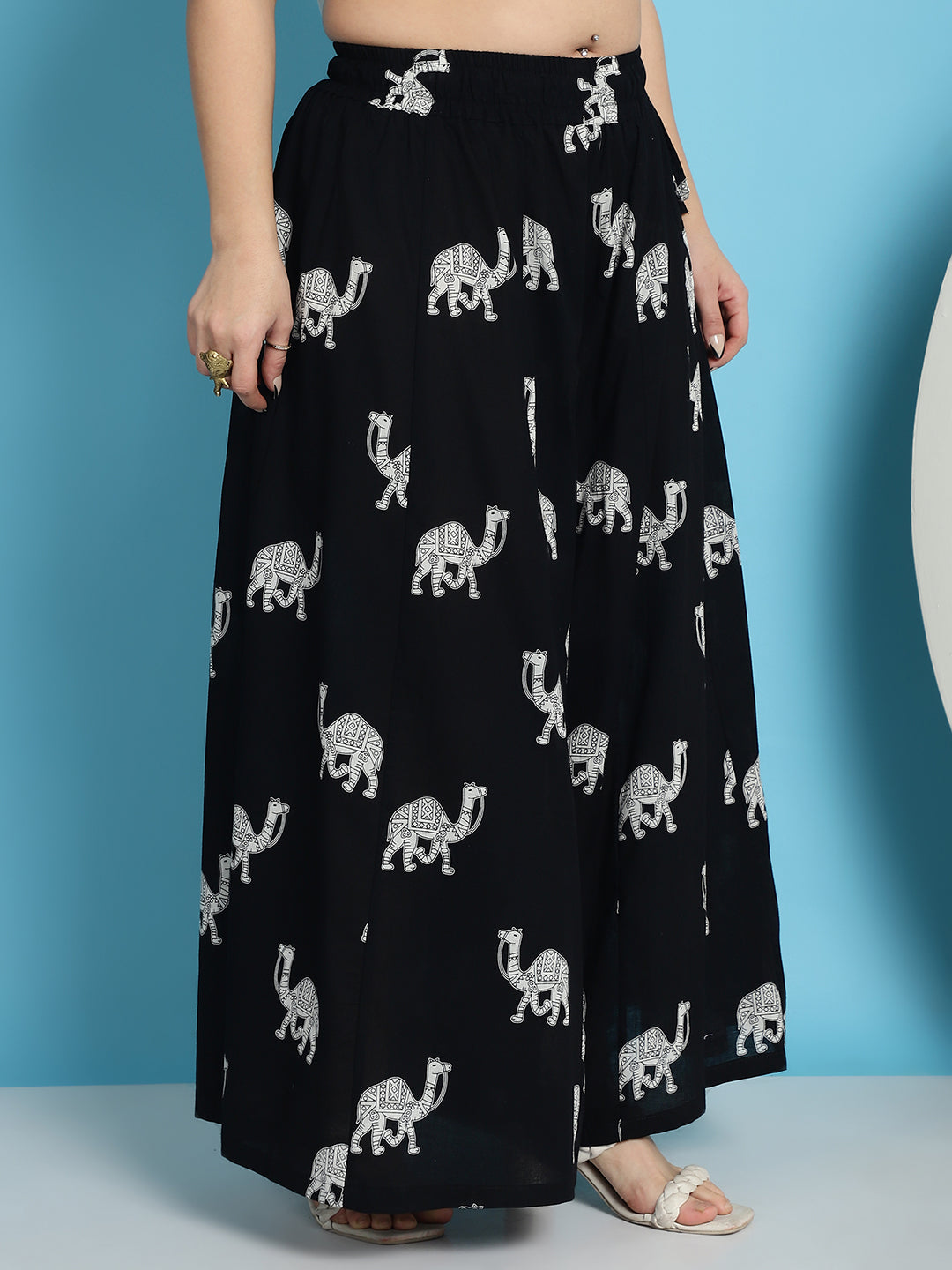 Black Camel Print Cotton Flared Kali Palazzo