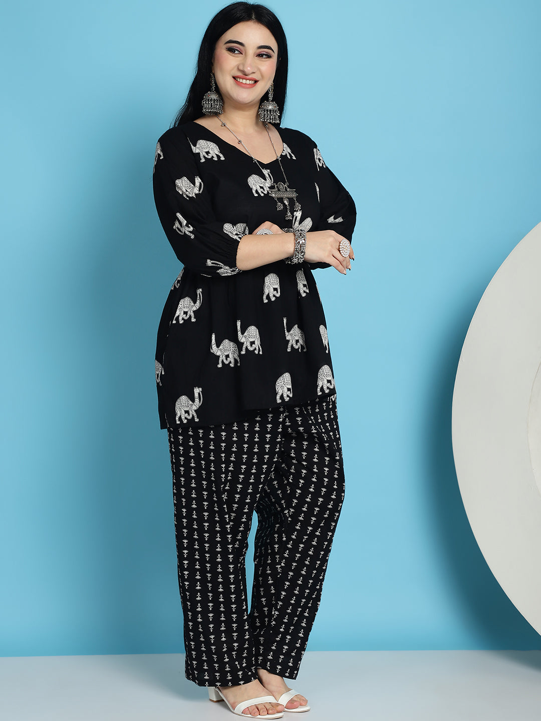 Plus Size Black Camel Print Cotton Peplum With Pant Set