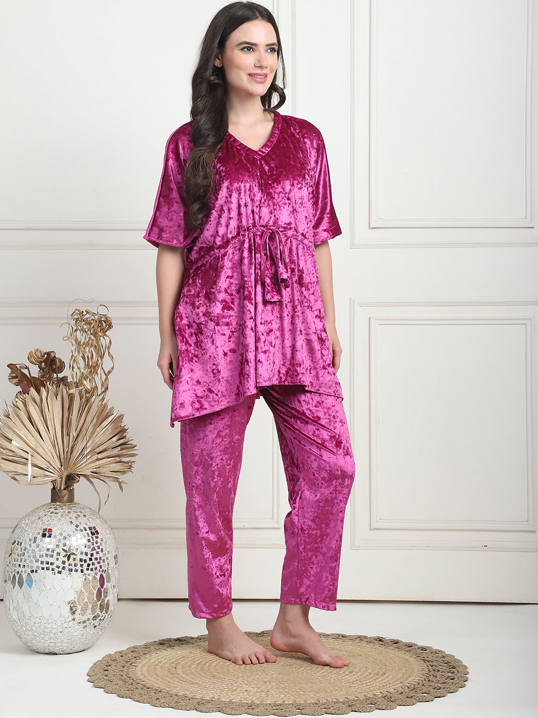 Metallic Pink Ice Velvet Kaftan Lounge Set