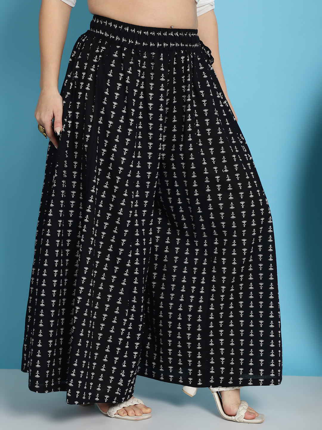 Black Printed Cotton Flared Kali Palazzo