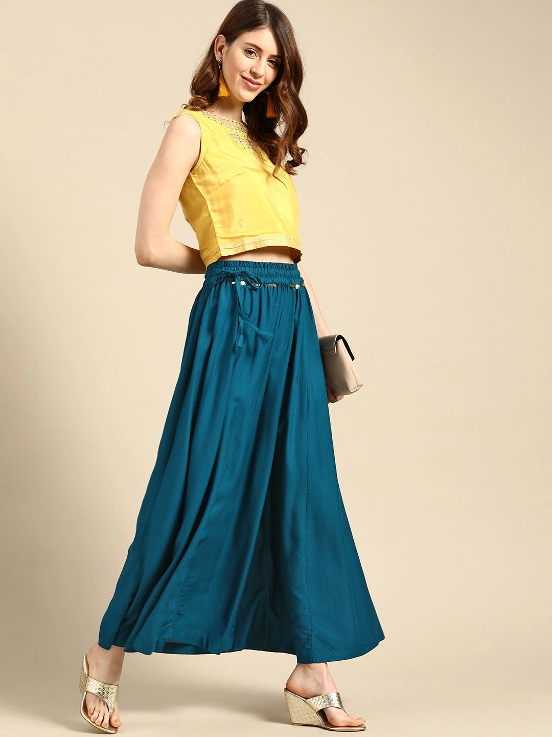 Blue rayon double flared palazzo
