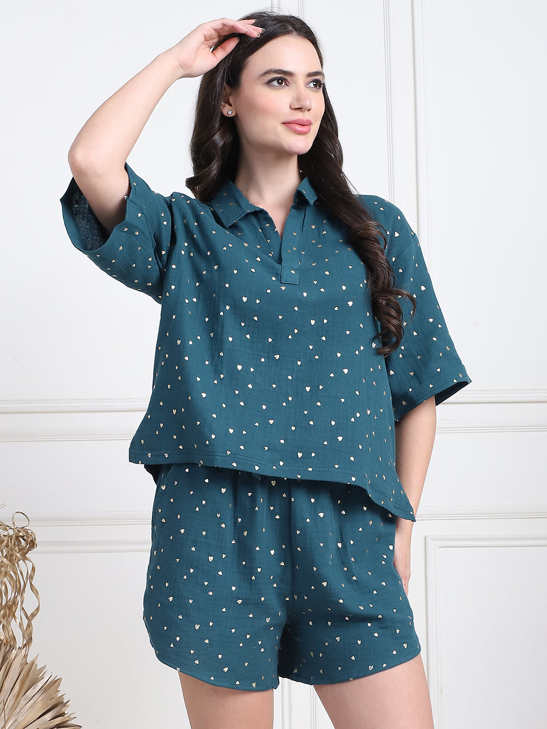Dark Green Foil Print and Shorts Set