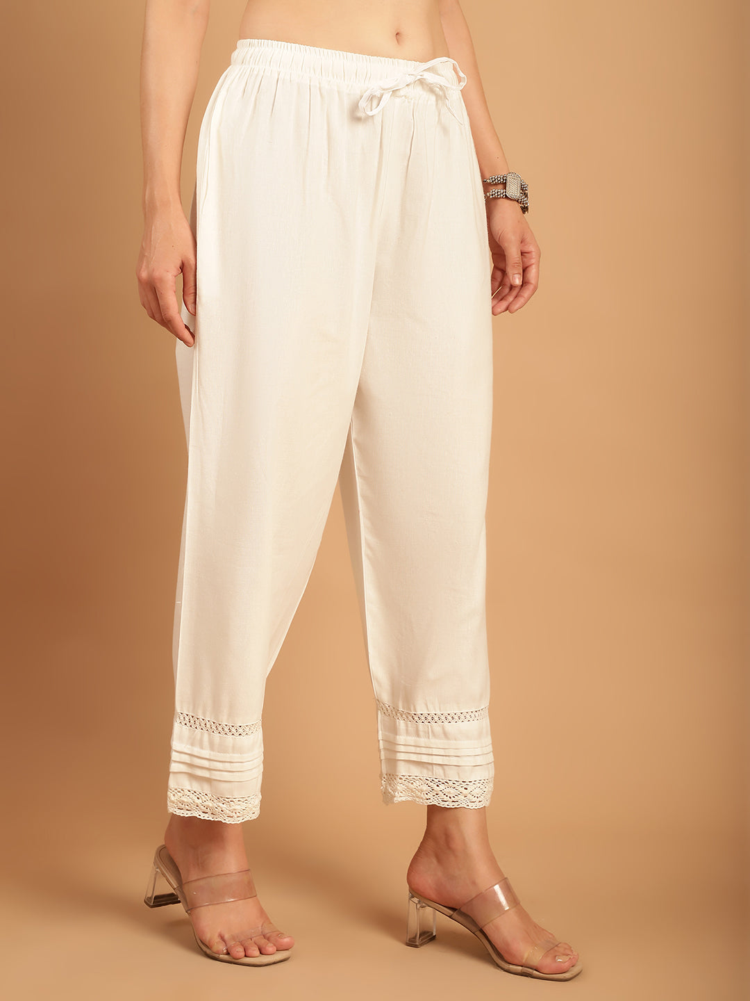 White Crotchet Lace Pintex Hem Design Cotton Flax Palazzo