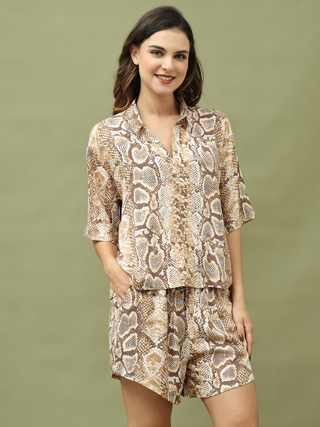 Beige Printed Top And Shorts Set