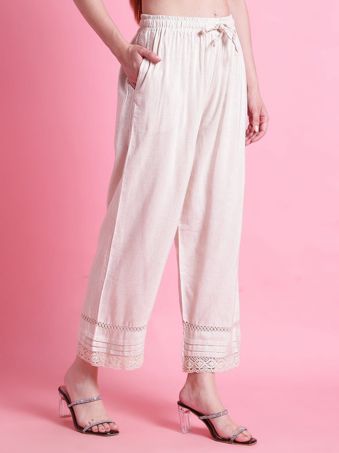 Cream Crotchet Lace Pintex Hem Design Cotton Flax Palazzo