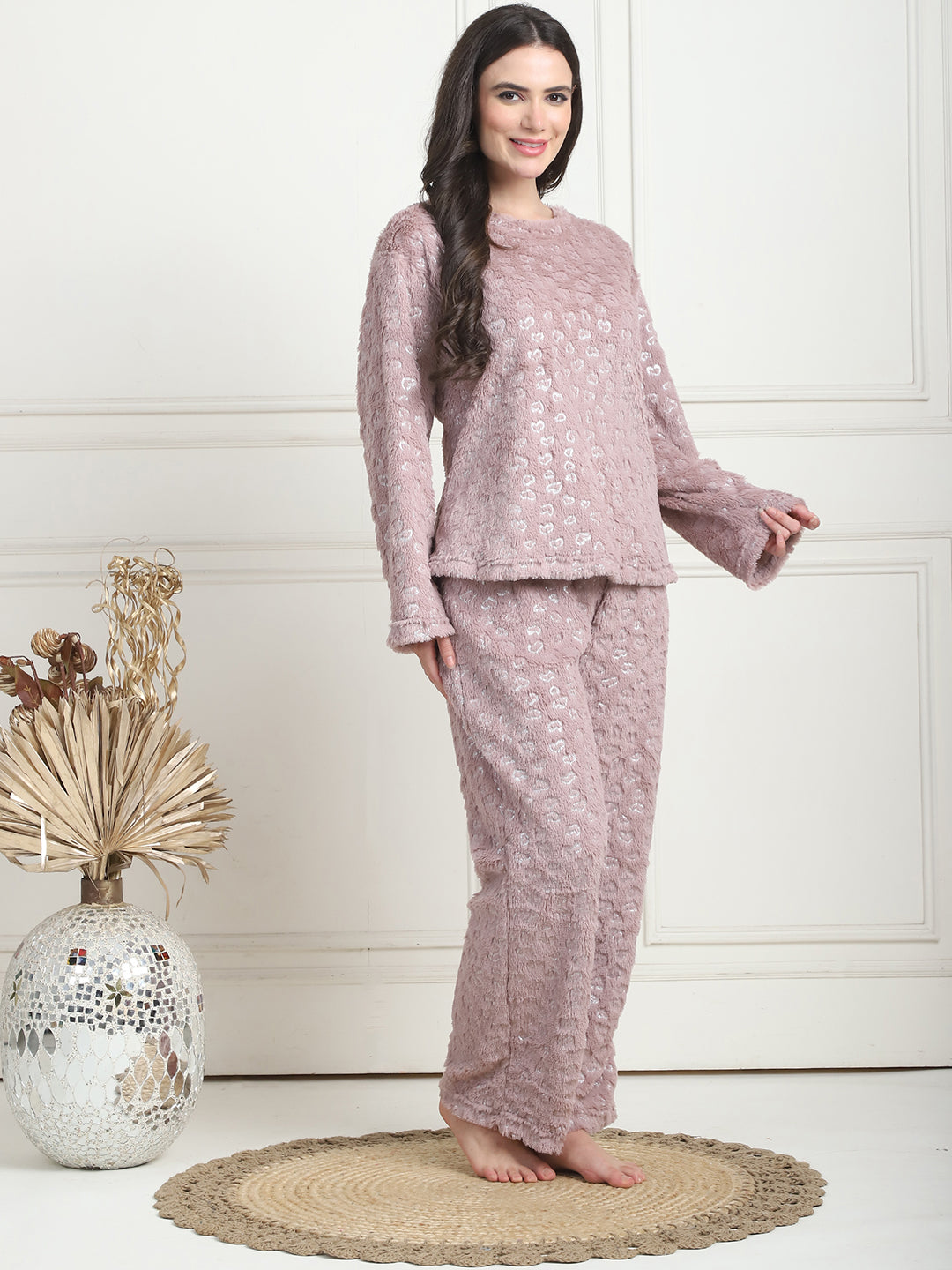 Rose Gold Foil Print Fur Lounge Set
