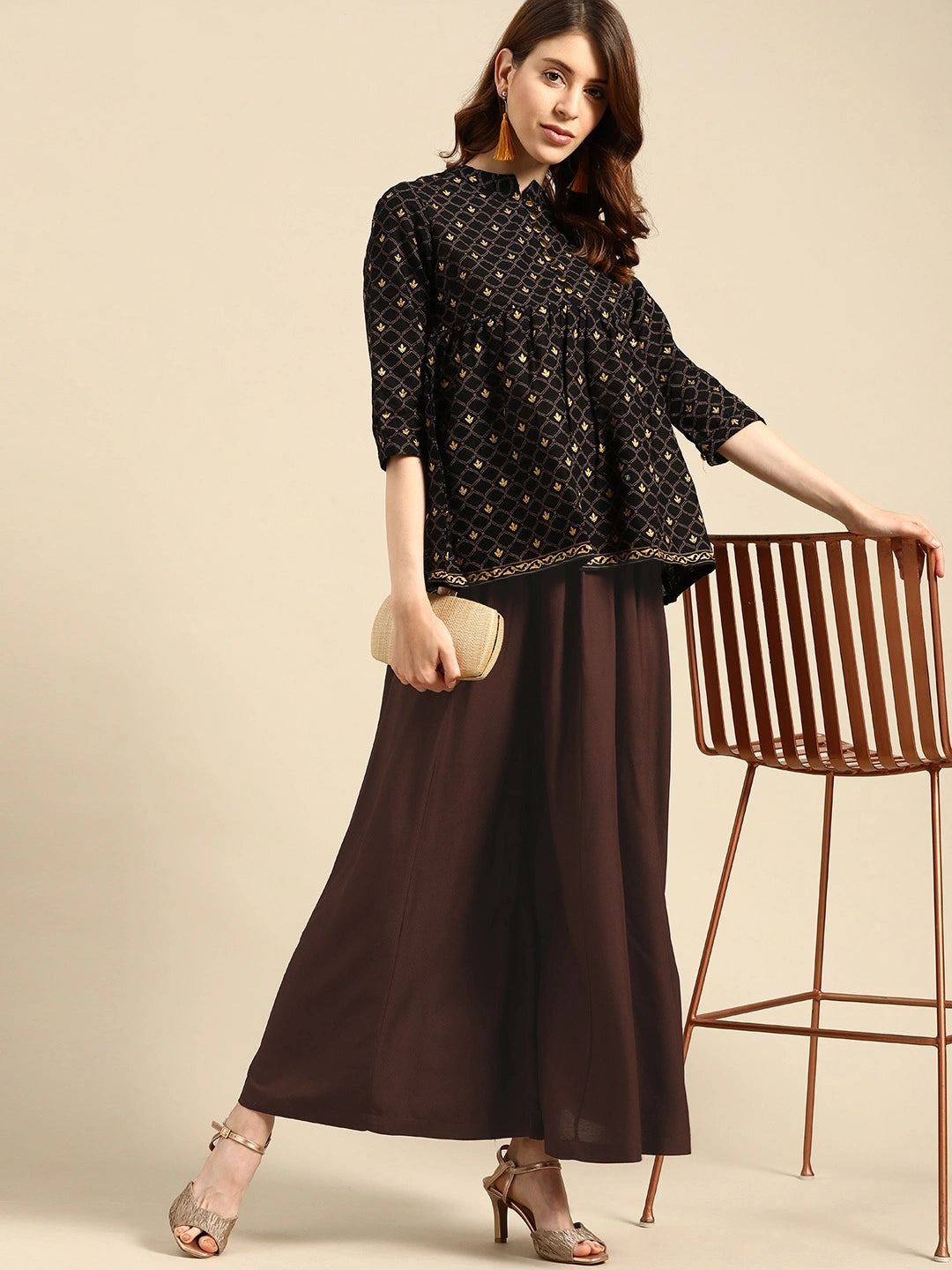 Brown rayon double flared palazzo