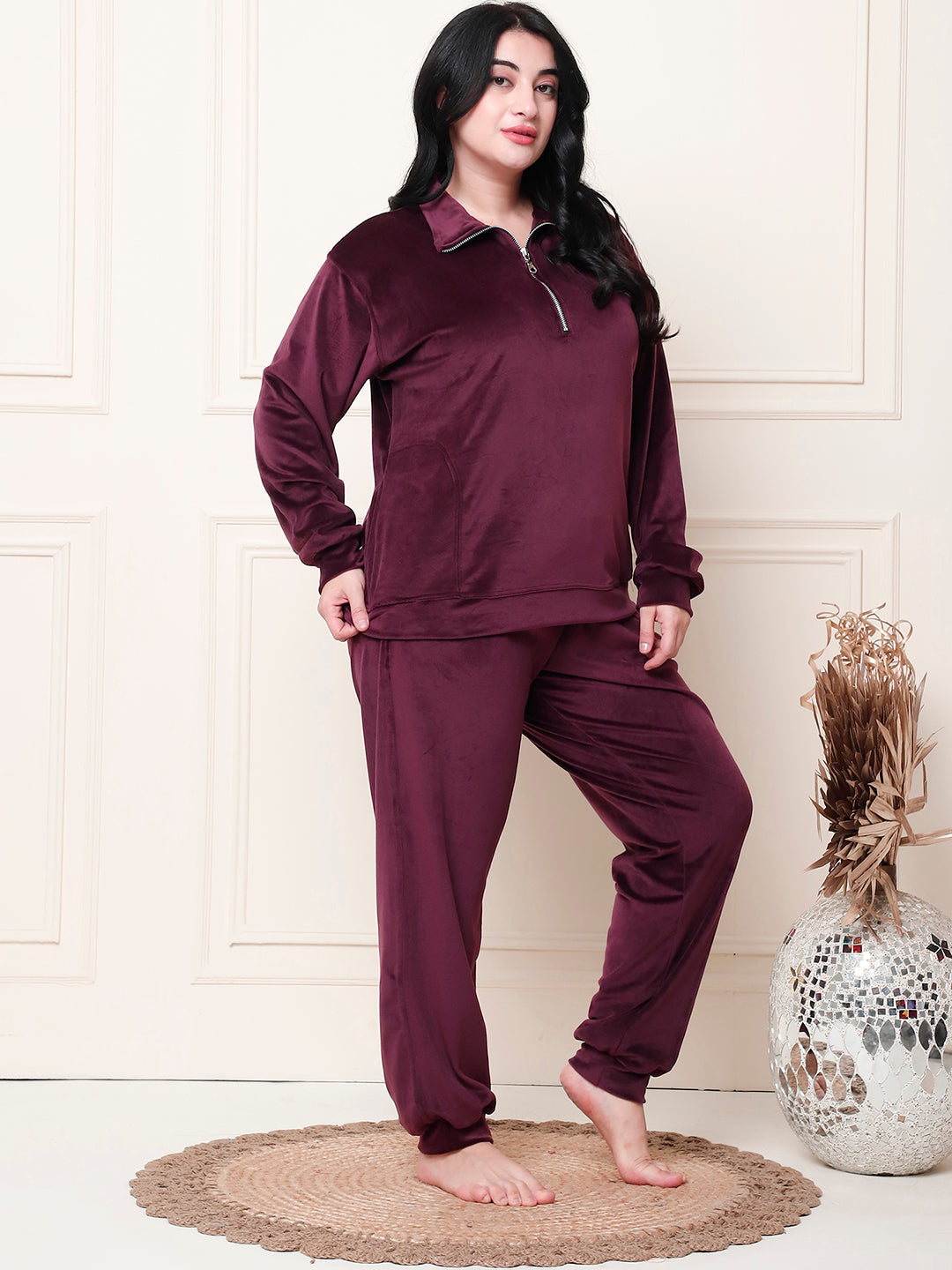 Wine Velvet Zip Lounge Set