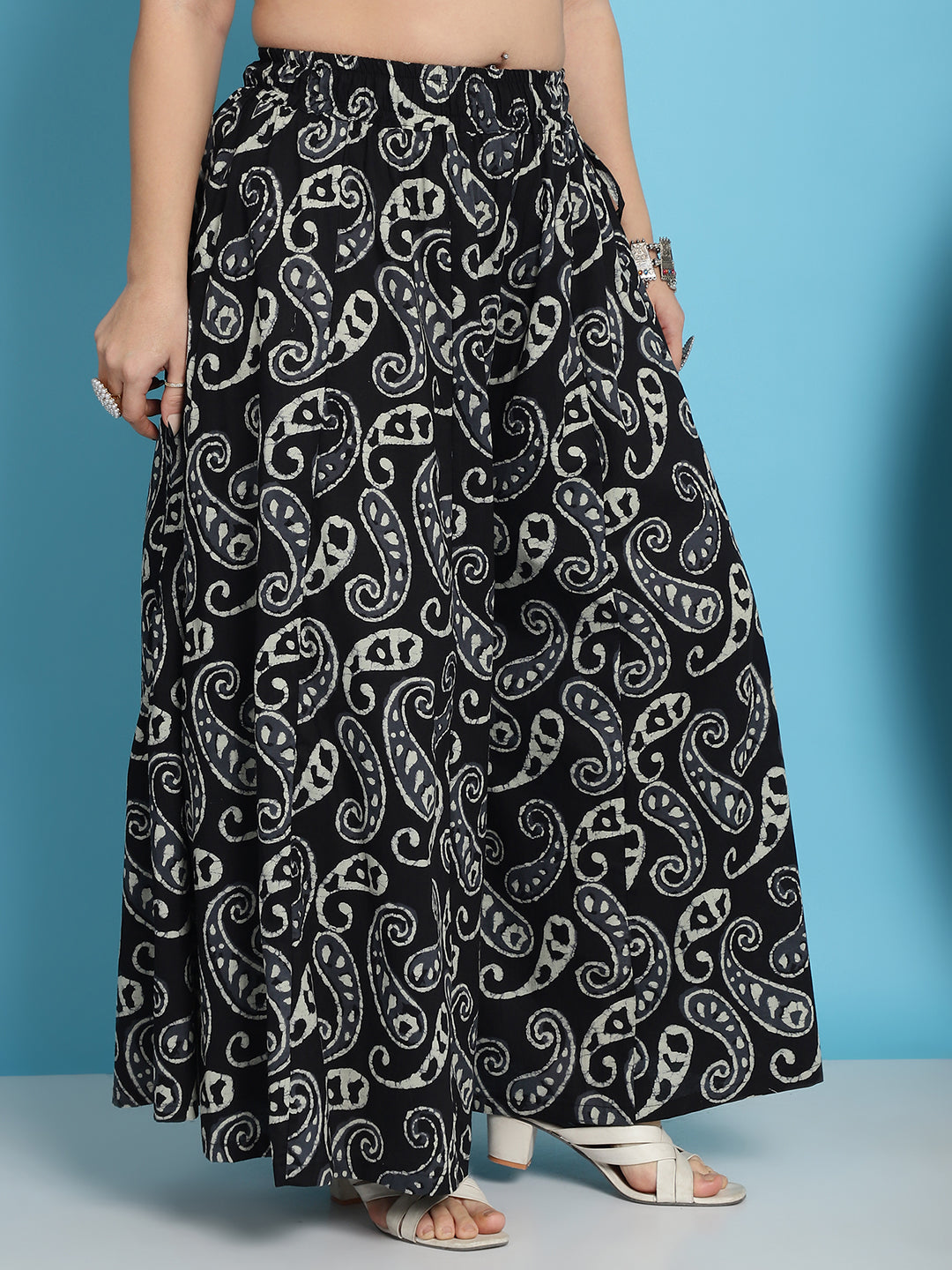 Black Paisley Printed Cotton Flared Kali Palazzo