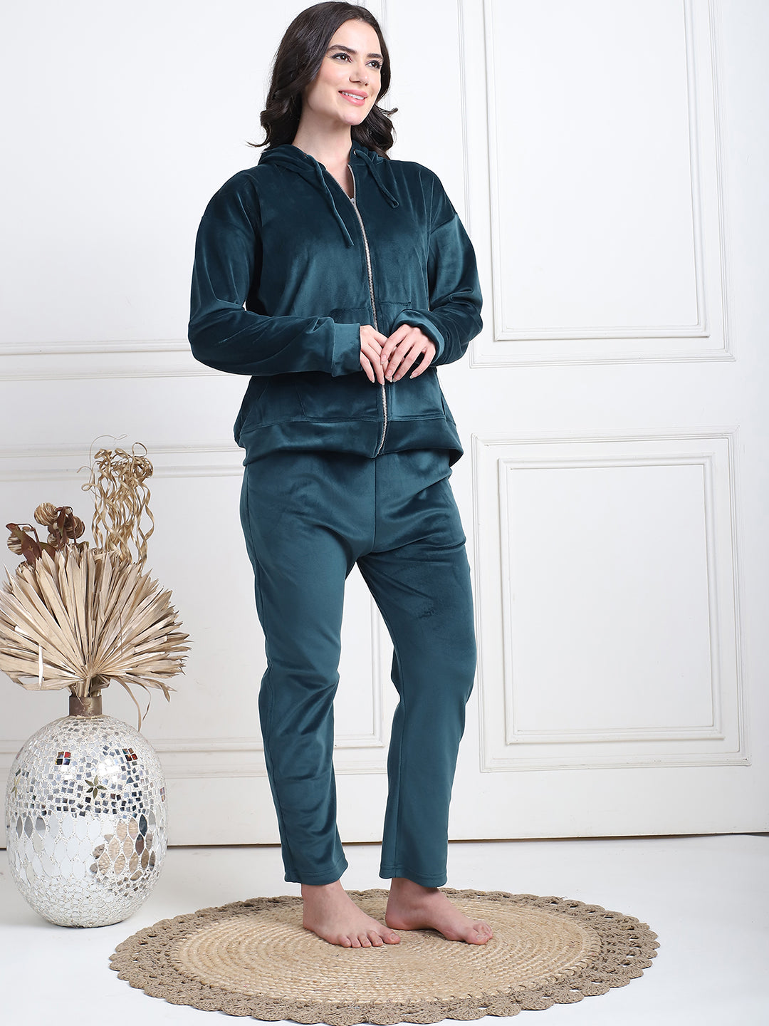 Bottle Green Velvet Hoodie Lounge Set