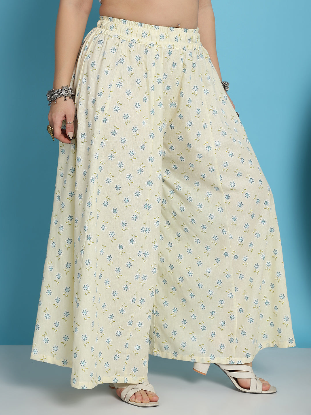 White Cotton Flax Floral Print Flared Kali Palazzo