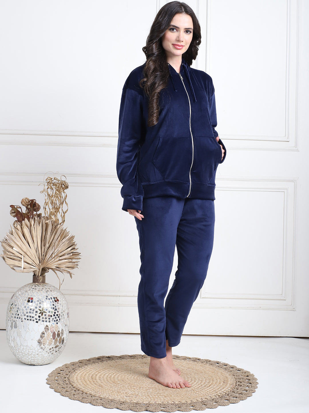 Navy Blue Velvet Hoodie Lounge Set