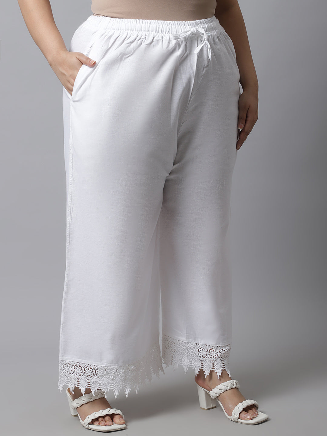 White Crotchet Lace Cotton Flax Plus Palazzo