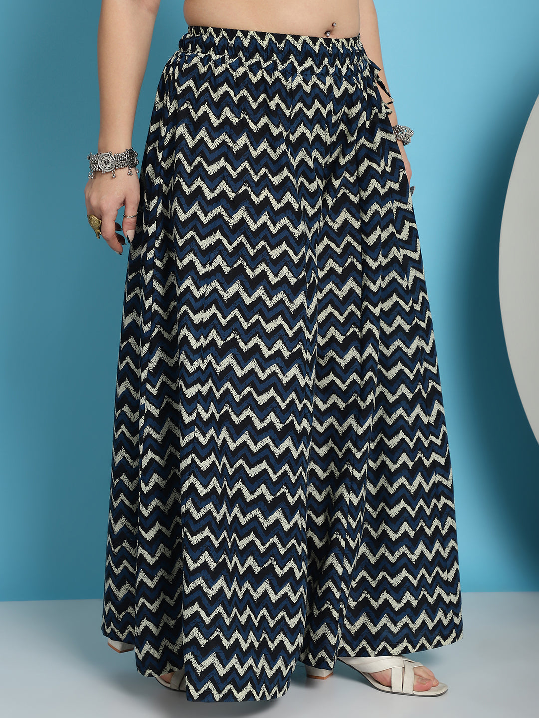Blue Zig Zag Cotton Flared Kali Palazzo
