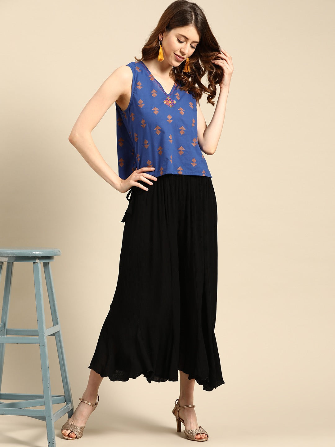 Black rayon crushed flared palazzo