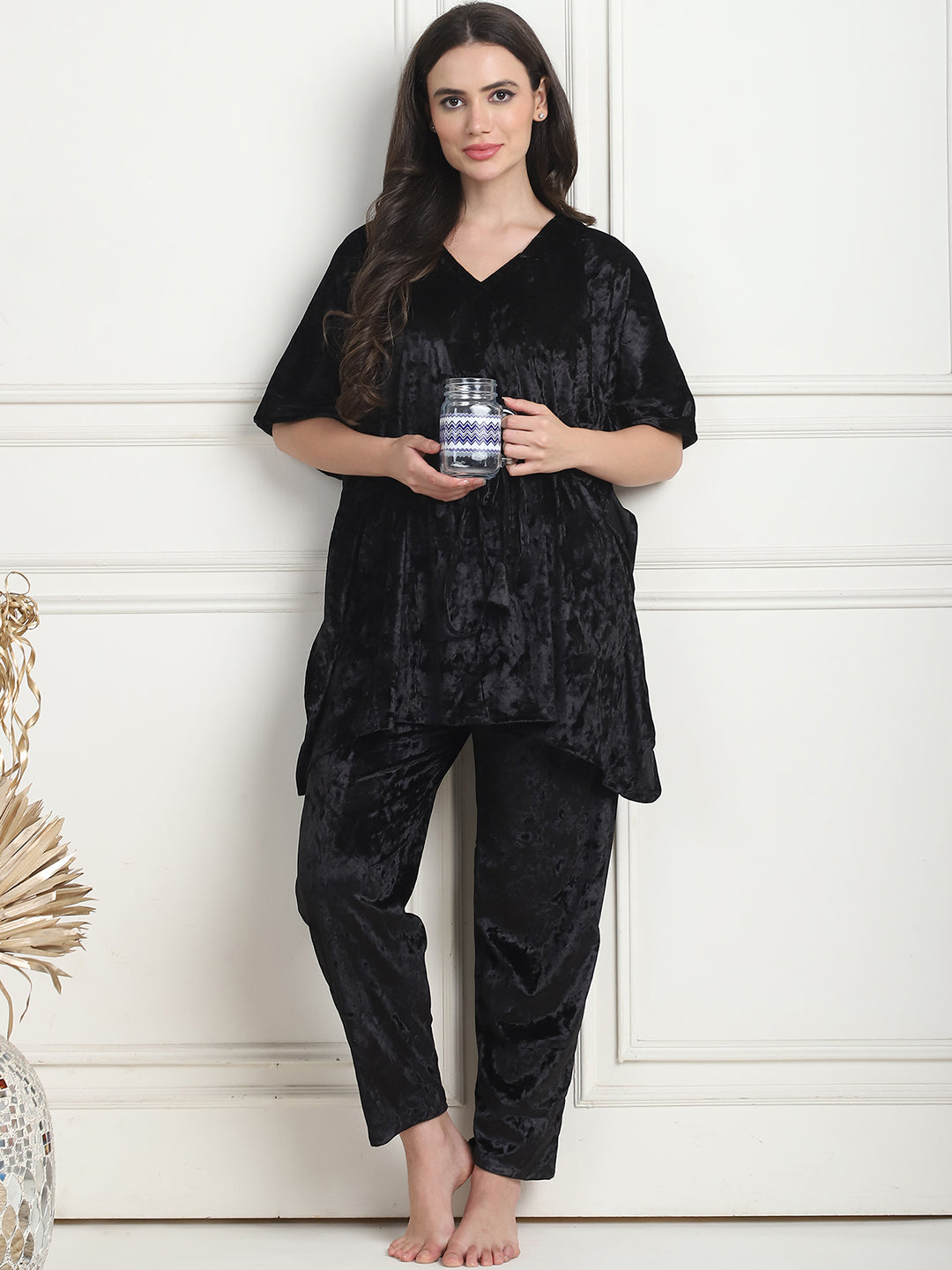 Metallic Black Ice Velvet Kaftan Lounge Set