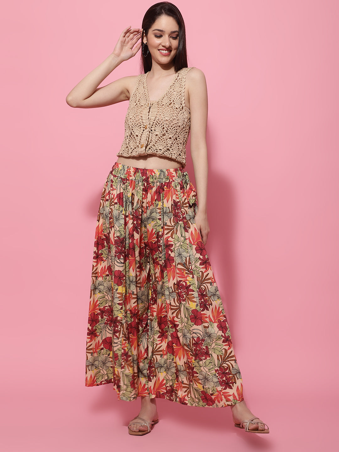 Multi Floral Print Rayon Flared Palazzo