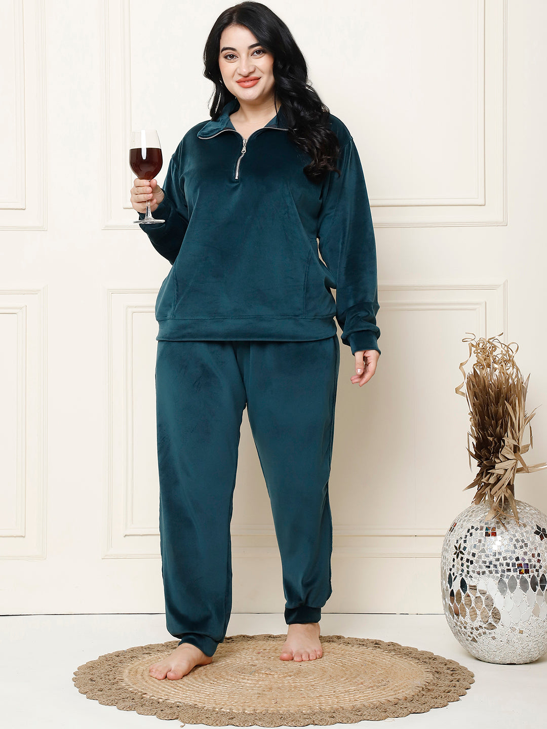 Bottle Green Velvet Zip Lounge Set