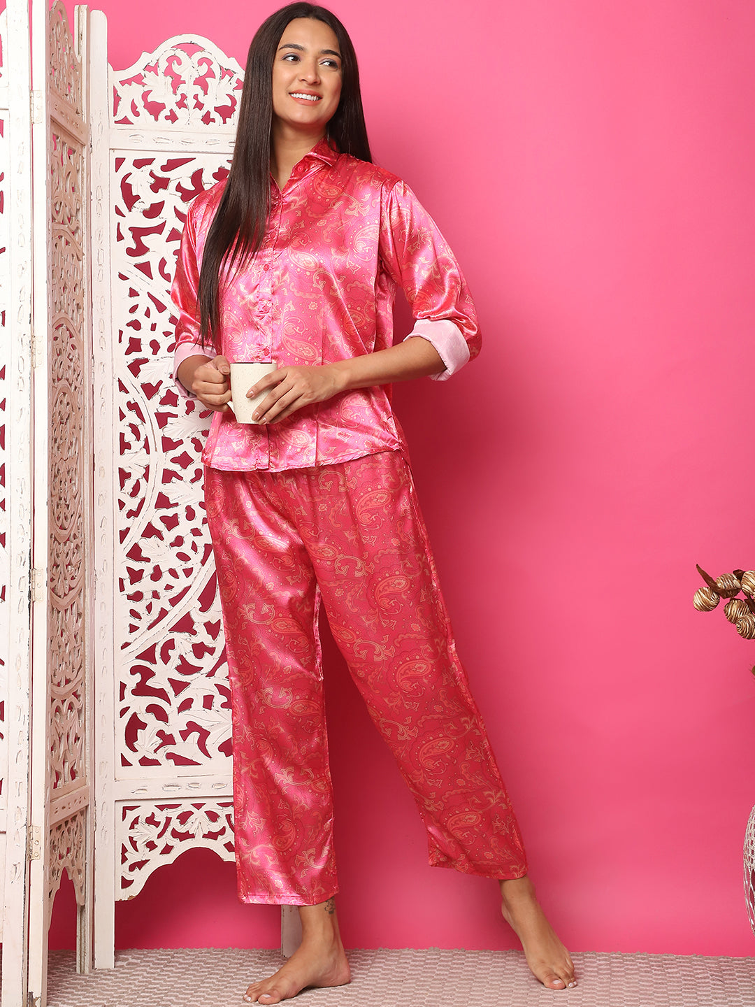 Pink Paisley Satin Co-Ord Set