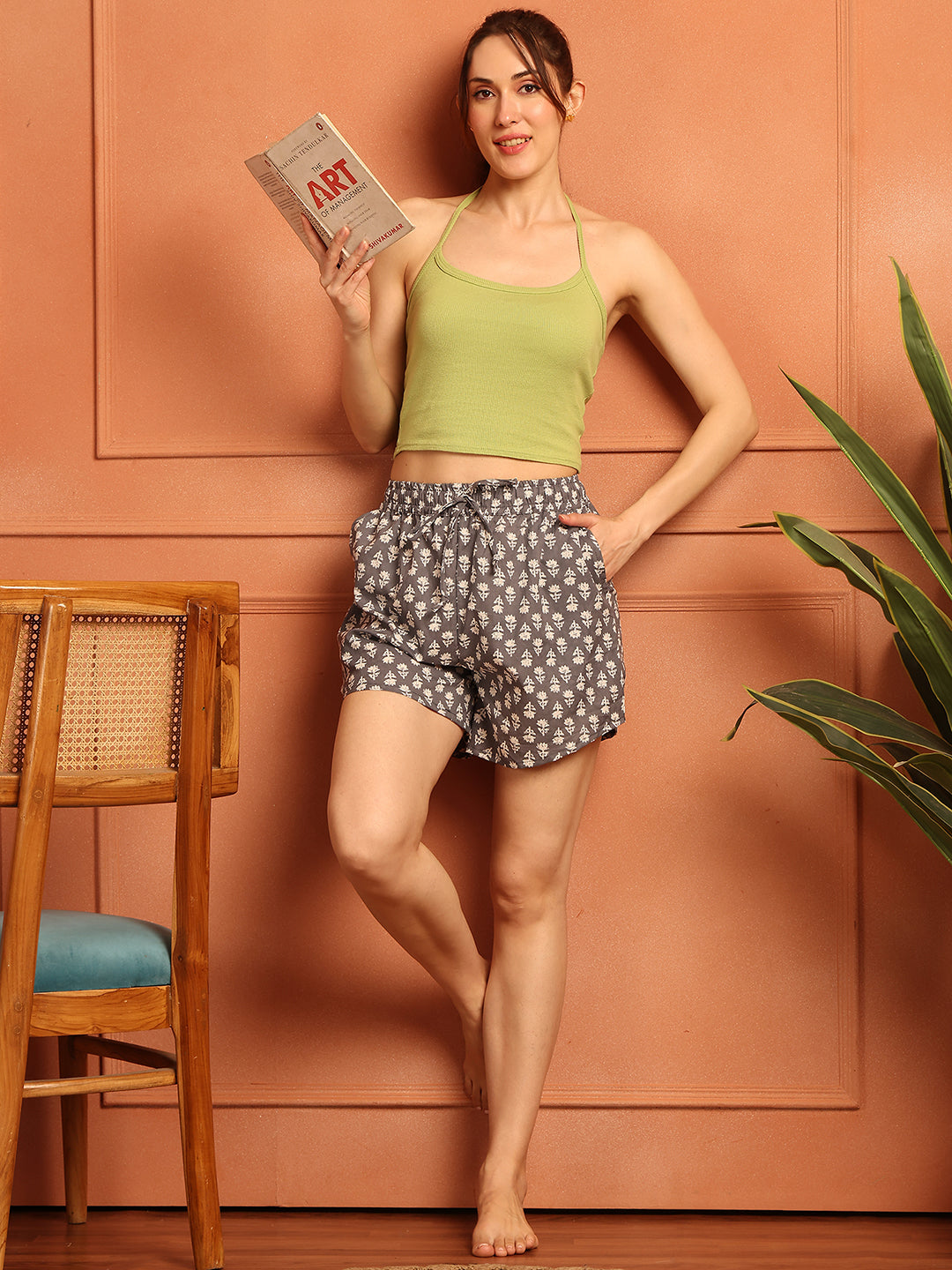 Grey Print Cotton Lounge Shorts