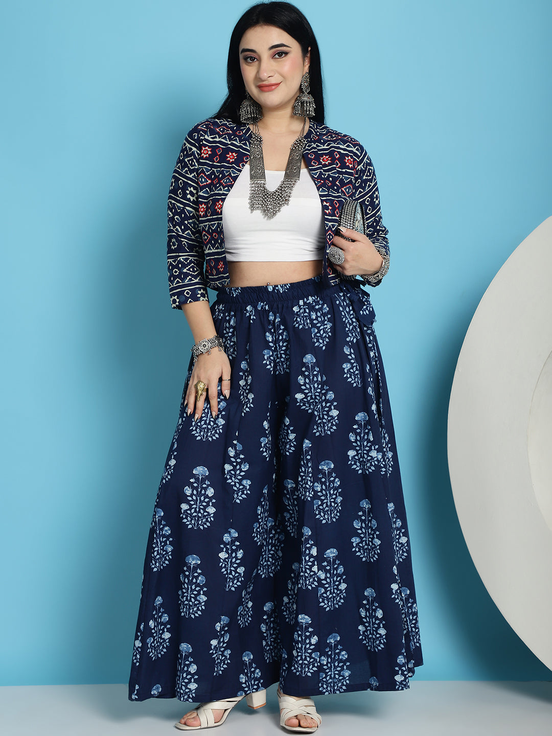 Indigo Mughal Boota Cotton Kali Plus Palazzo