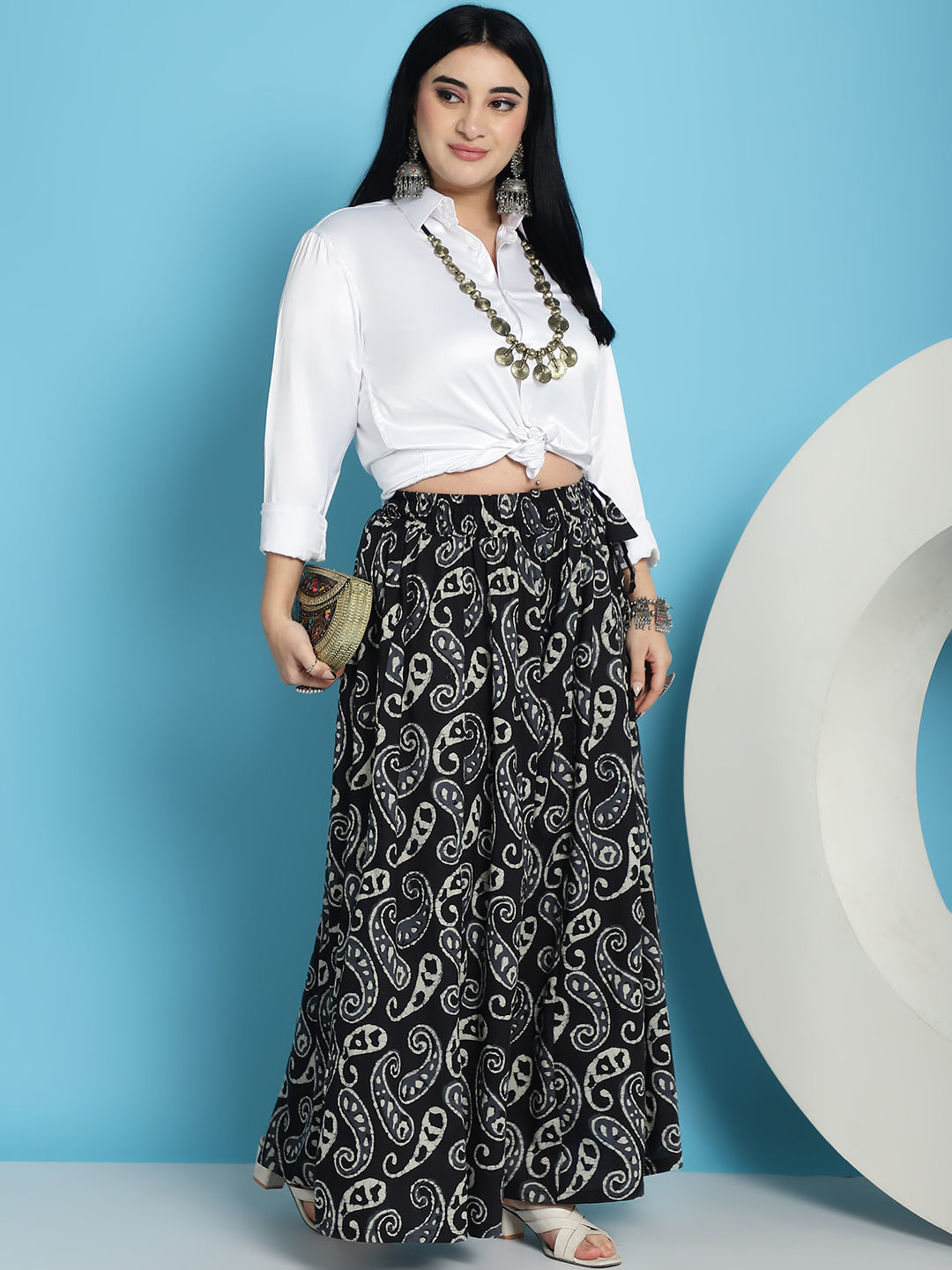 Black Paisley Printed Cotton Flared Kali Palazzo