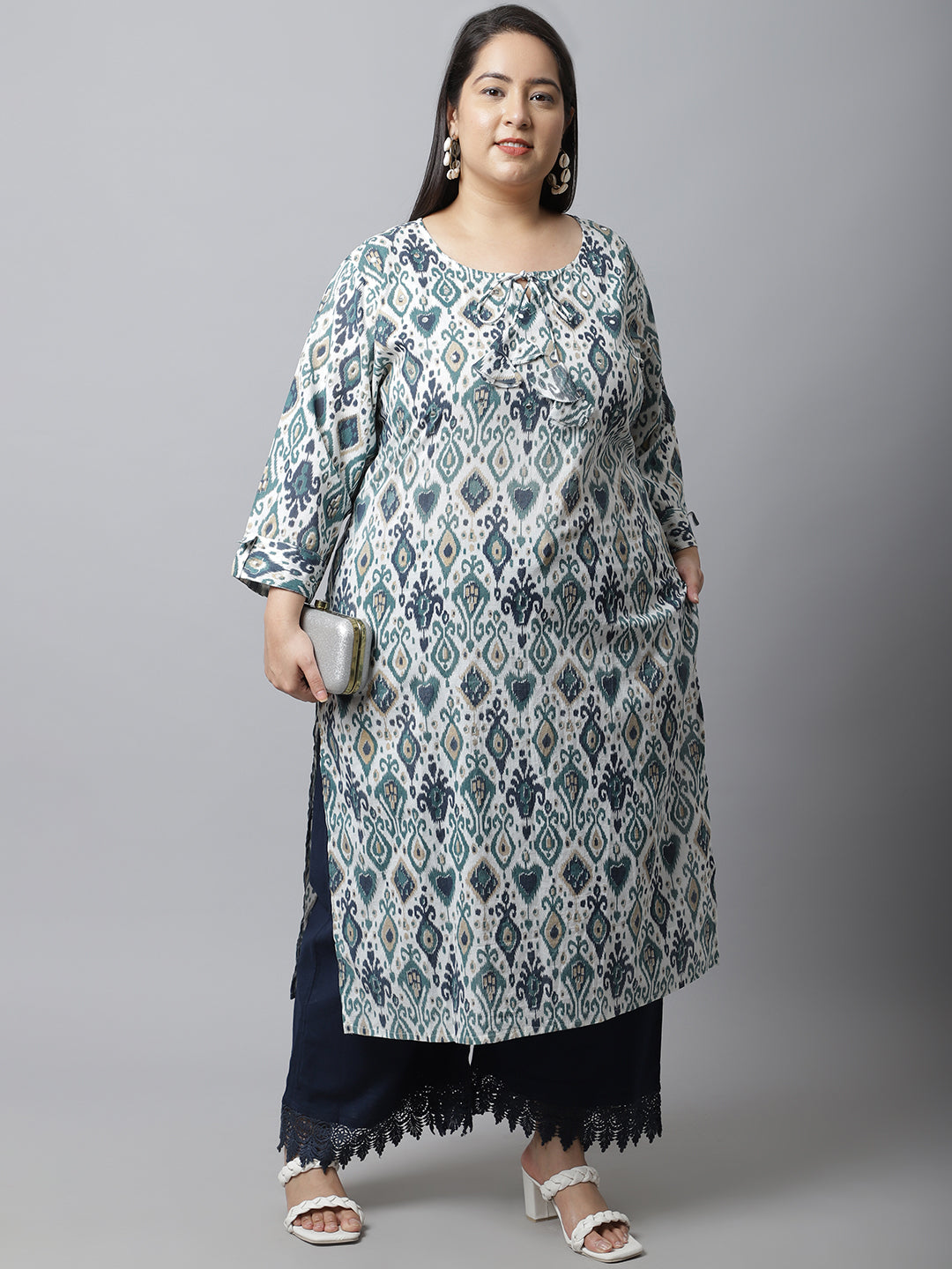 Navy Blue Crotchet Lace Cotton Flax Plus Palazzo