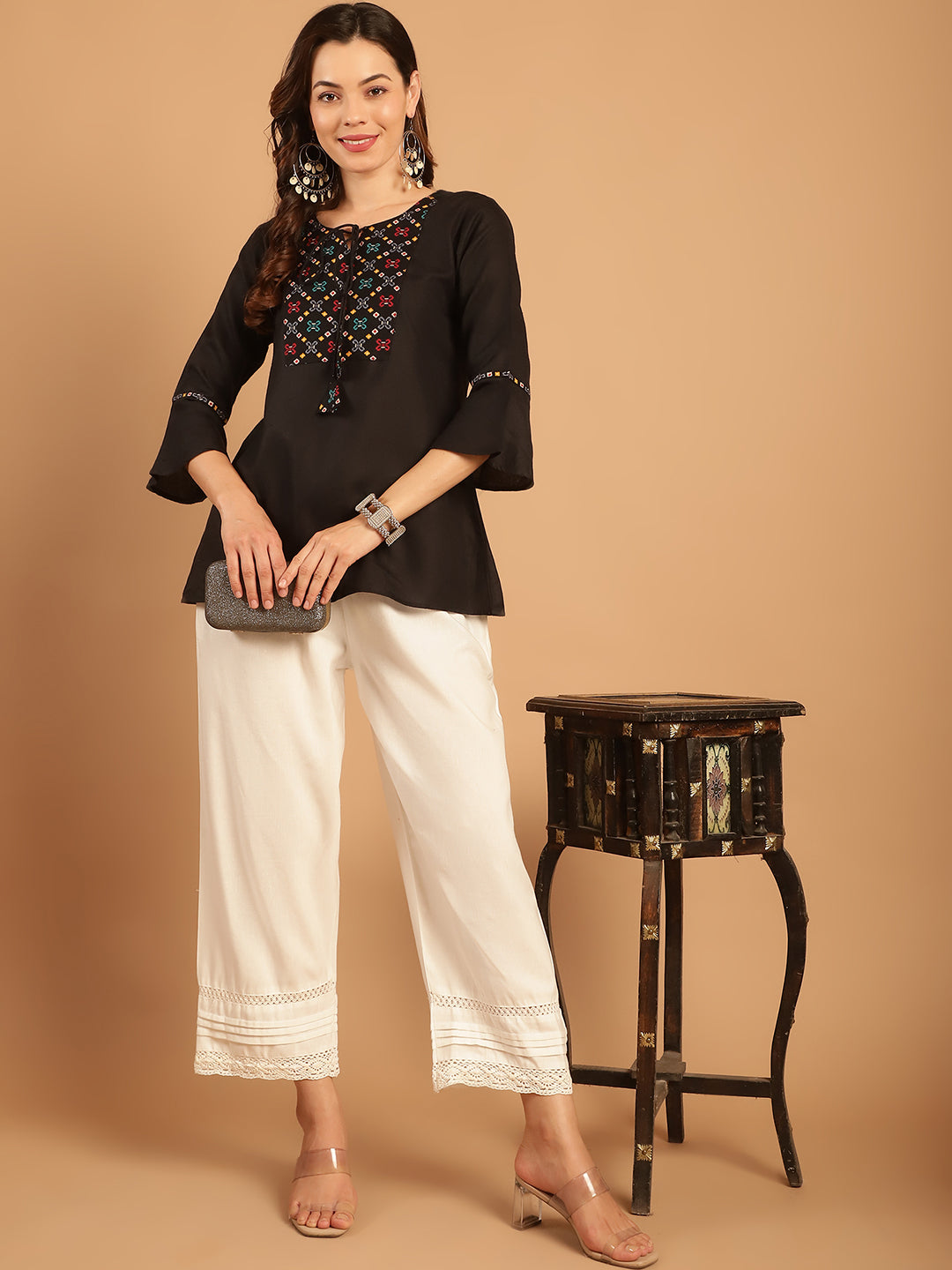 White Crotchet Lace Pintex Hem Design Cotton Flax Palazzo