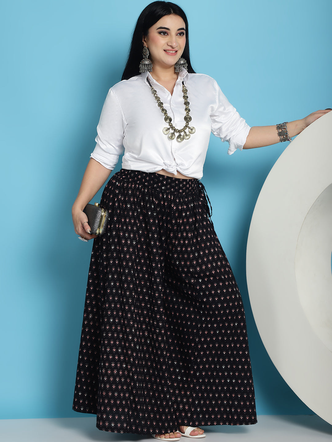 Black Printed Cotton Flared Kali Palazzo