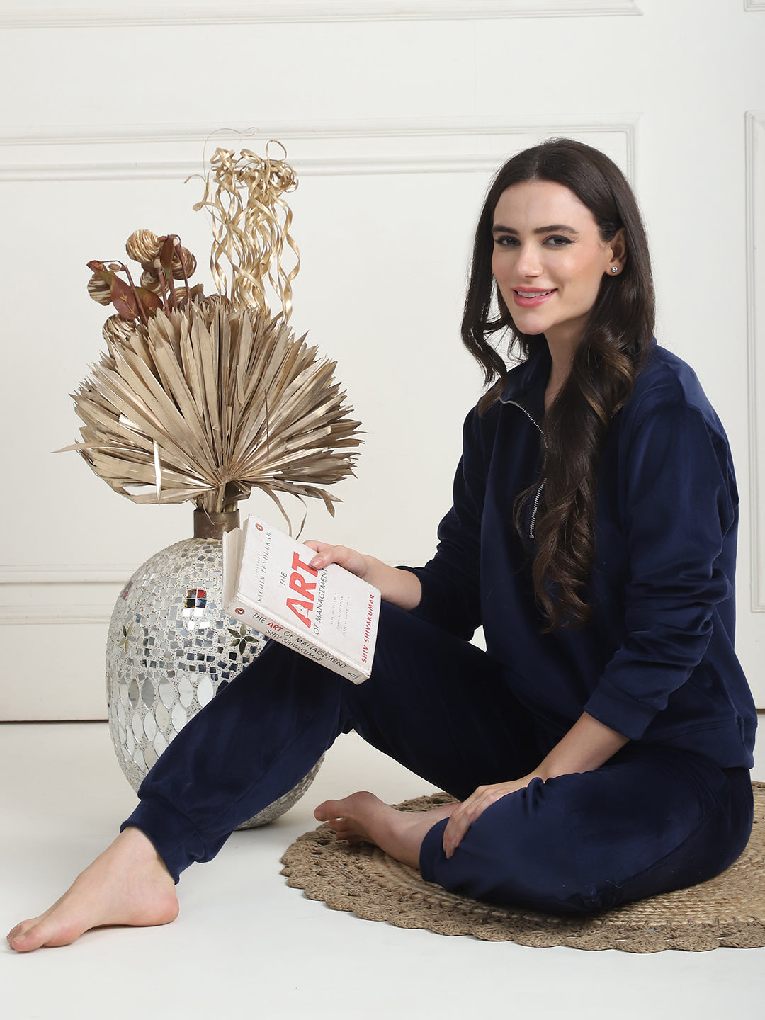 Navy Blue Velvet Zip Lounge Set