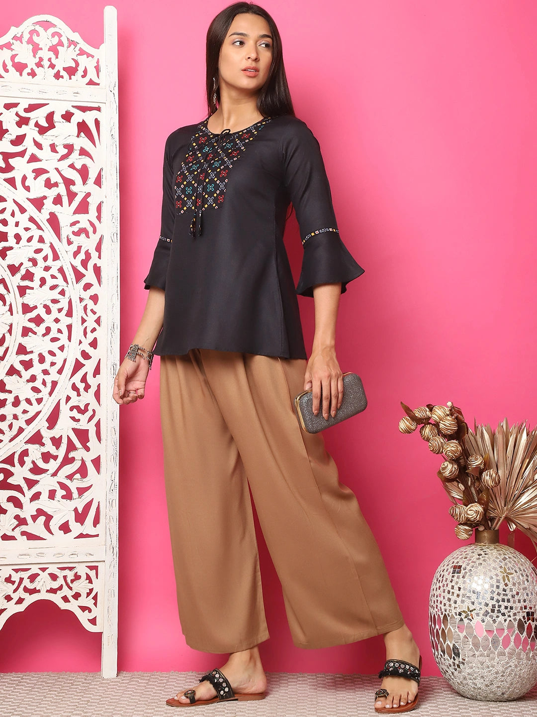 Caramel Brown Solid Rayon Palazzo